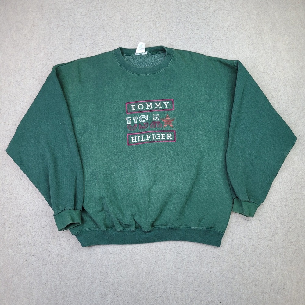 Vtg 90s Tommy Hilfiger USA Crewneck Sweatshirt Men XL Embroidered Logo Y2K Green